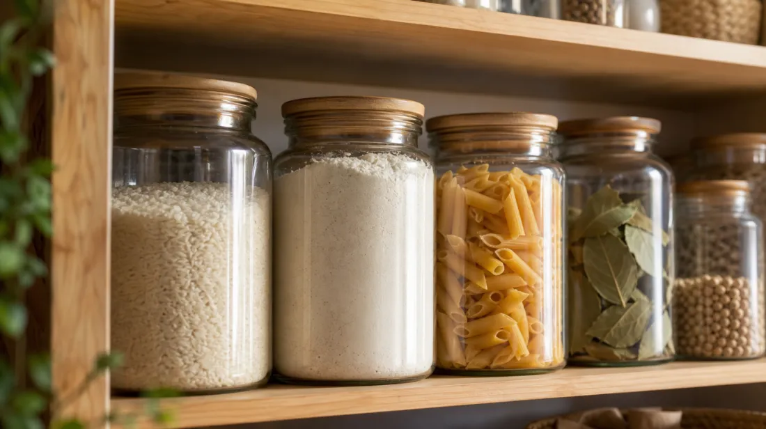 Pantry shelf with airtight glass jars of dry goods