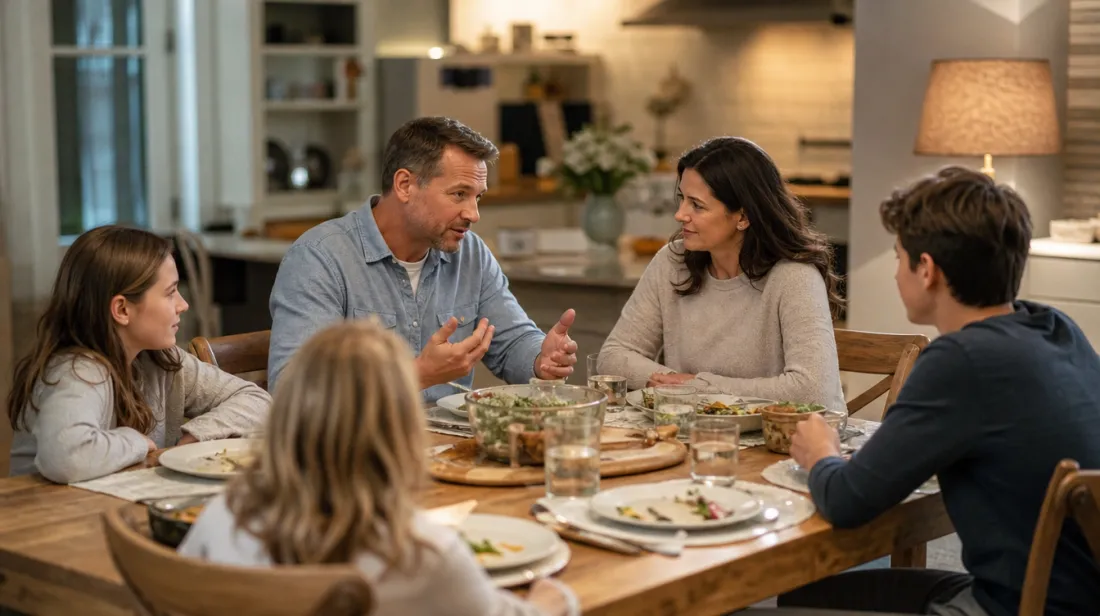 Family talking calmly around a dinner table