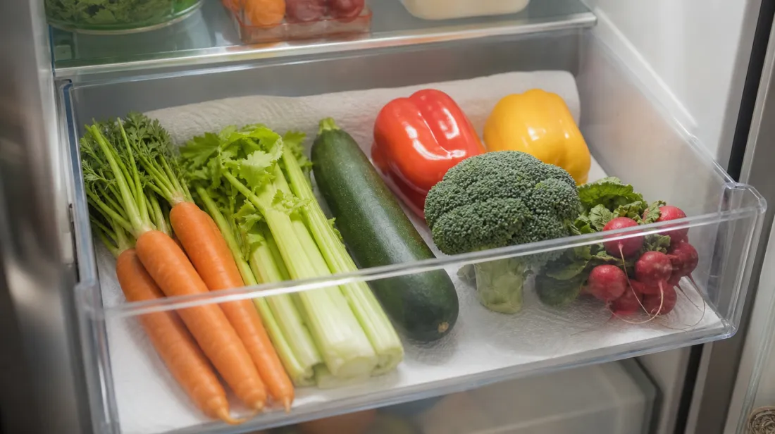 A refrigerator crisper drawer lined with paper towel holding fresh vegetables