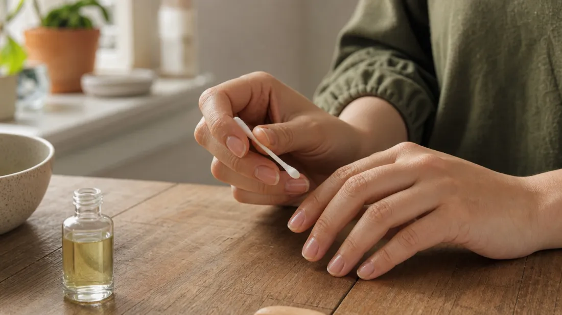 Hands applying cuticle oil at a kitchen table