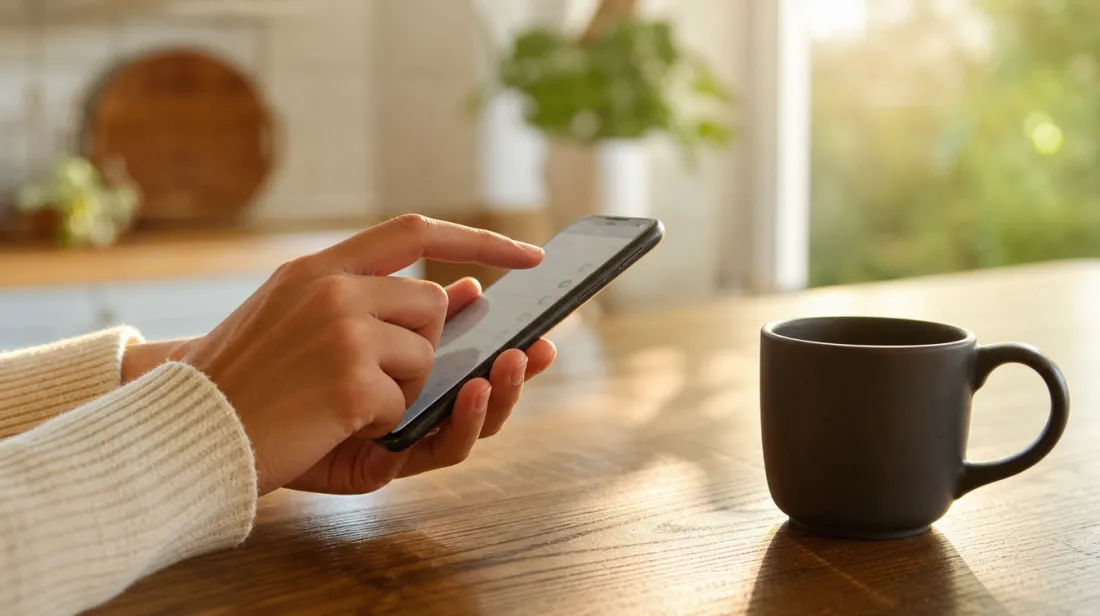 A hand scrolling through phone settings on a kitchen table