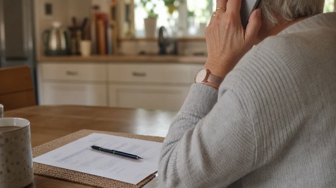 A person on a phone call at a kitchen table with a bill in front of them
