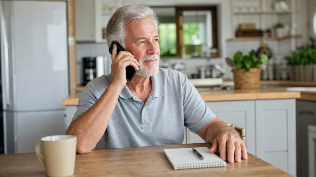 A person on a phone call at a kitchen table with a notepad nearby
