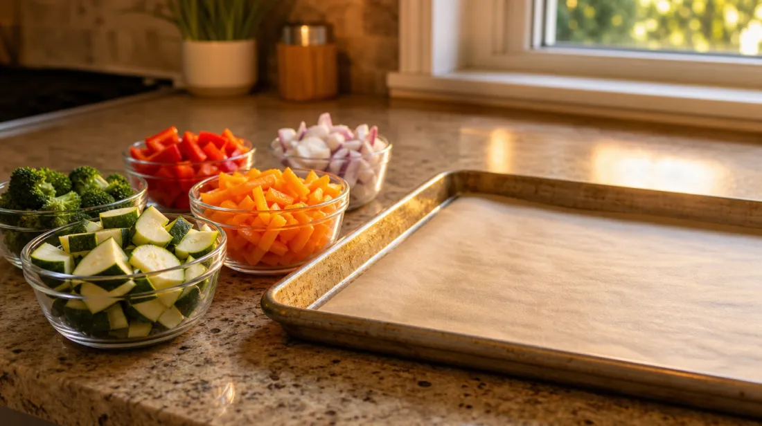 Pre-chopped vegetables in bowls next to a sheet pan on a kitchen counter