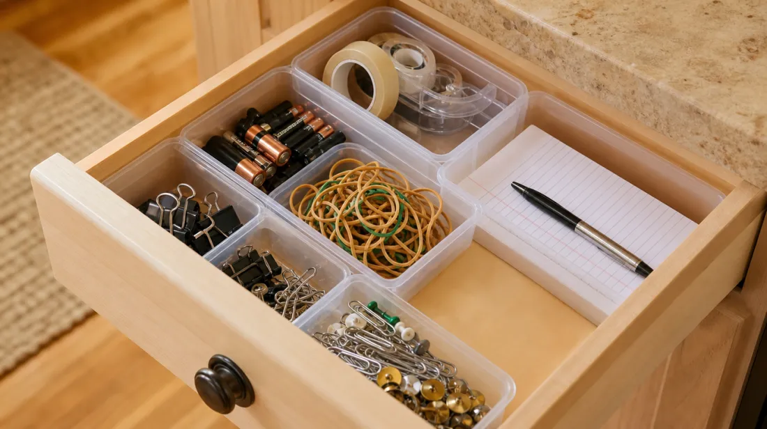 An organized kitchen drawer with small bins for loose items