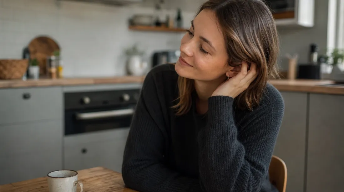 Person seated at a table gently tilting their head to stretch the side of the neck